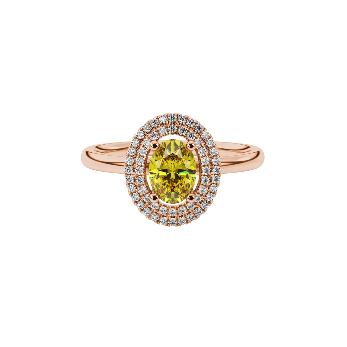 Close-up, oval cut canary yellow gemstone ring, rose gold double halo.