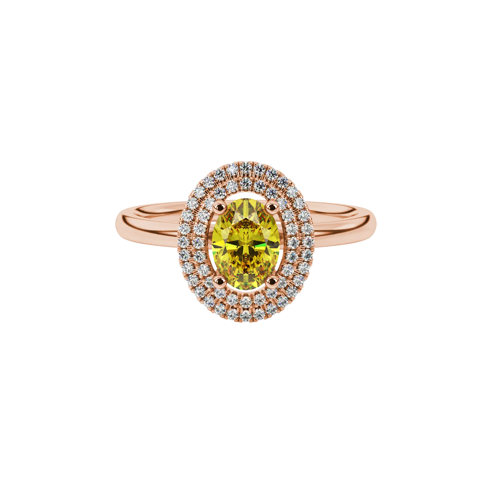 Close-up, oval cut canary yellow gemstone ring, rose gold double halo.