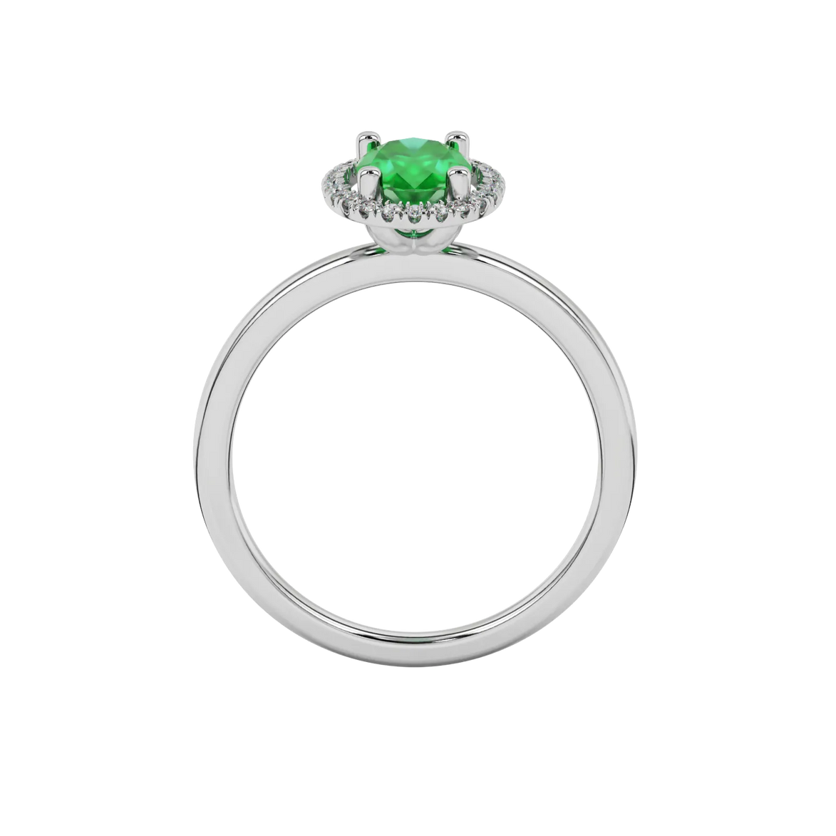 Oval cut emerald green gemstone ring, white gold french pavé halo setting.