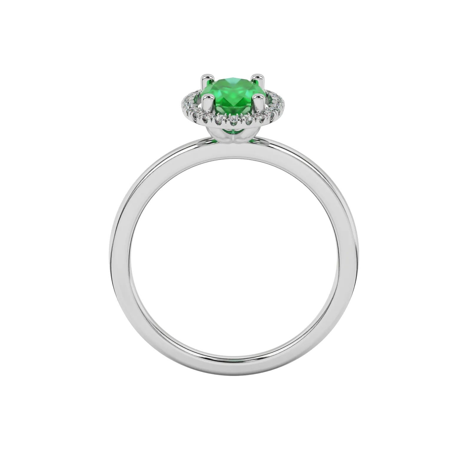 Oval cut emerald green gemstone ring, white gold french pavé halo setting.