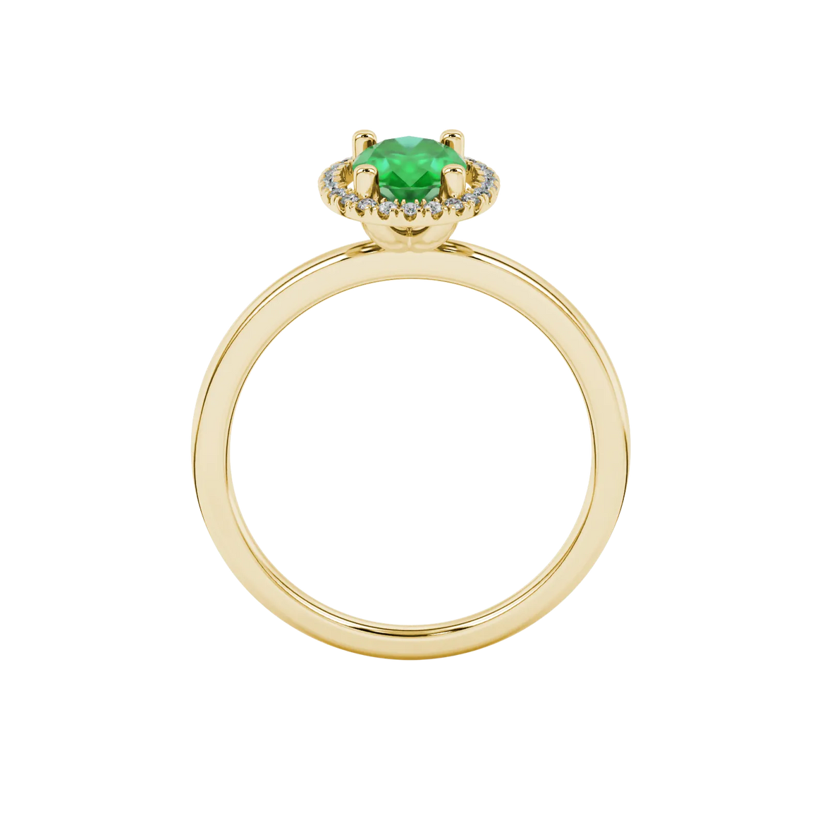 Oval cut emerald green gemstone ring, yellow gold french pavé halo setting.