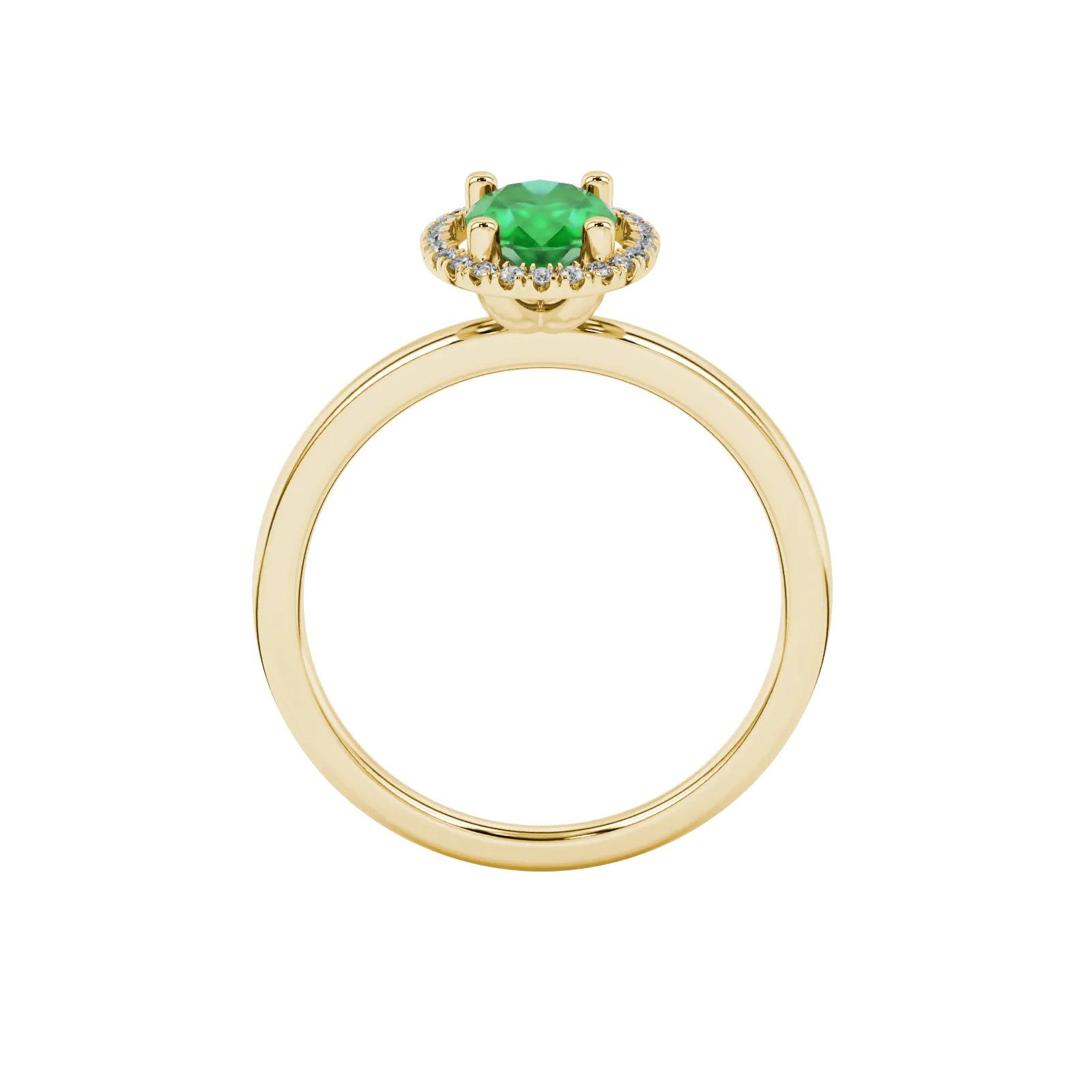 Oval cut emerald green gemstone ring, yellow gold french pavé halo setting.
