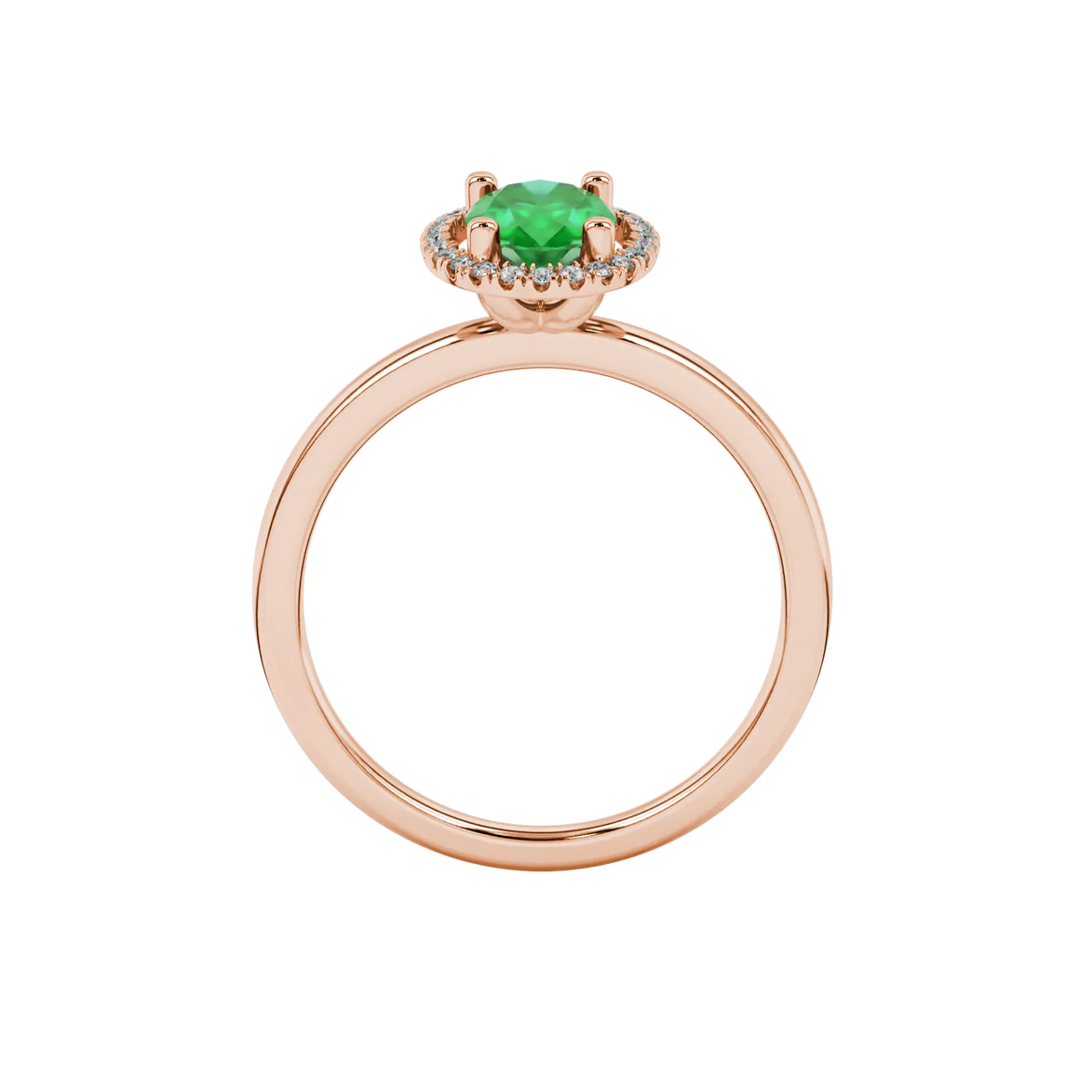 Oval cut emerald green gemstone ring, rose gold french pavé halo setting.