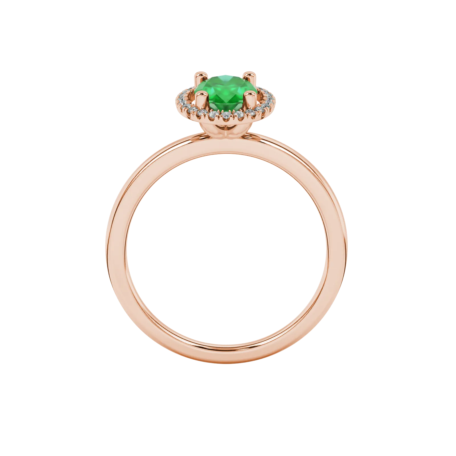 Oval cut emerald green gemstone ring, rose gold french pavé halo setting.