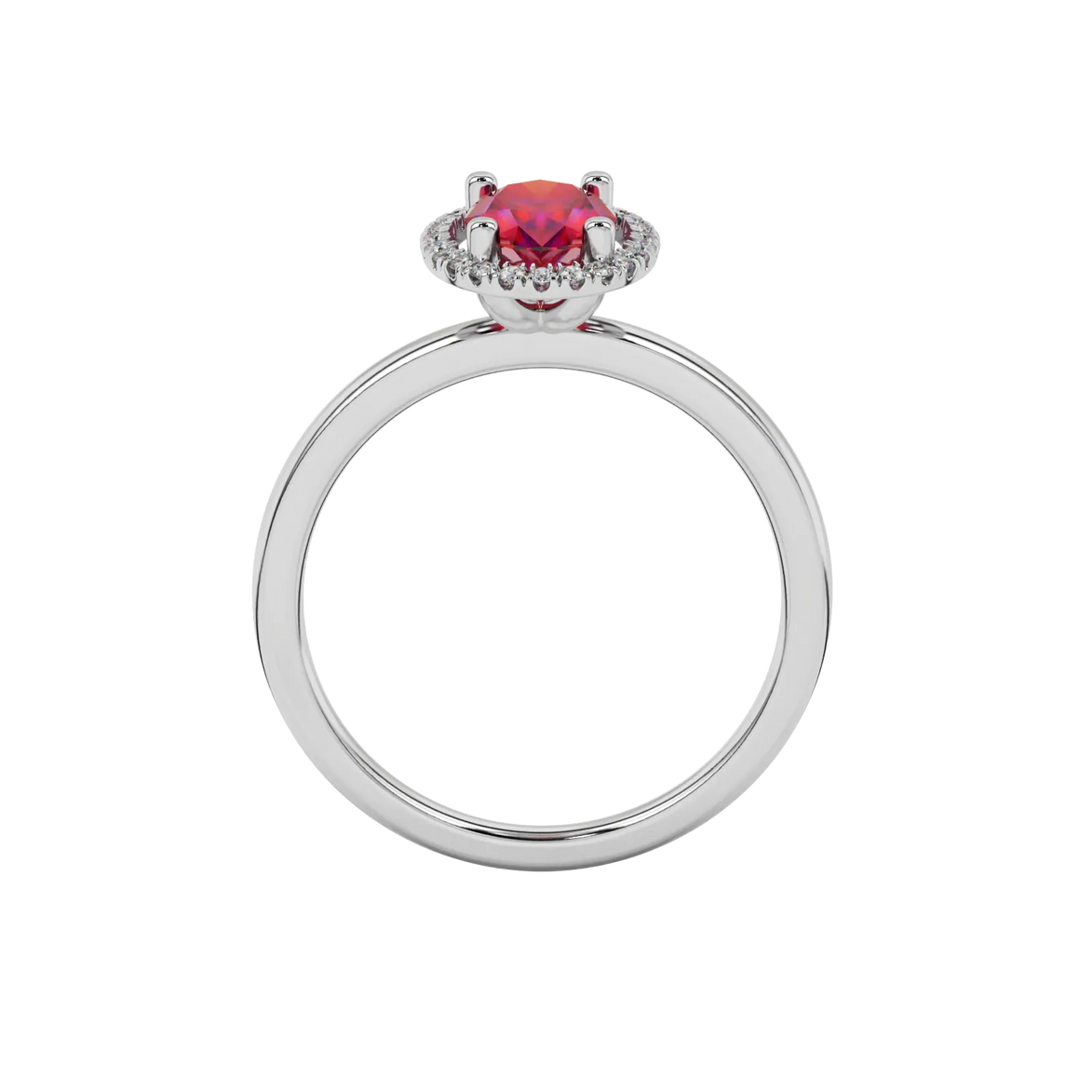 Oval cut raspberry red gemstone ring, white gold french pavé halo setting.