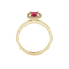 Oval cut raspberry red gemstone ring, yellow gold french pavé halo setting.