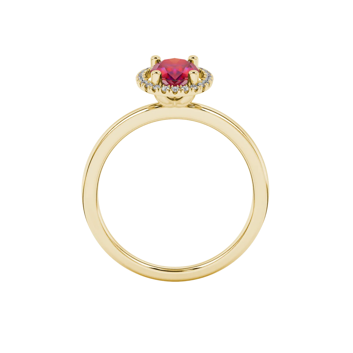 Oval cut raspberry red gemstone ring, yellow gold french pavé halo setting.