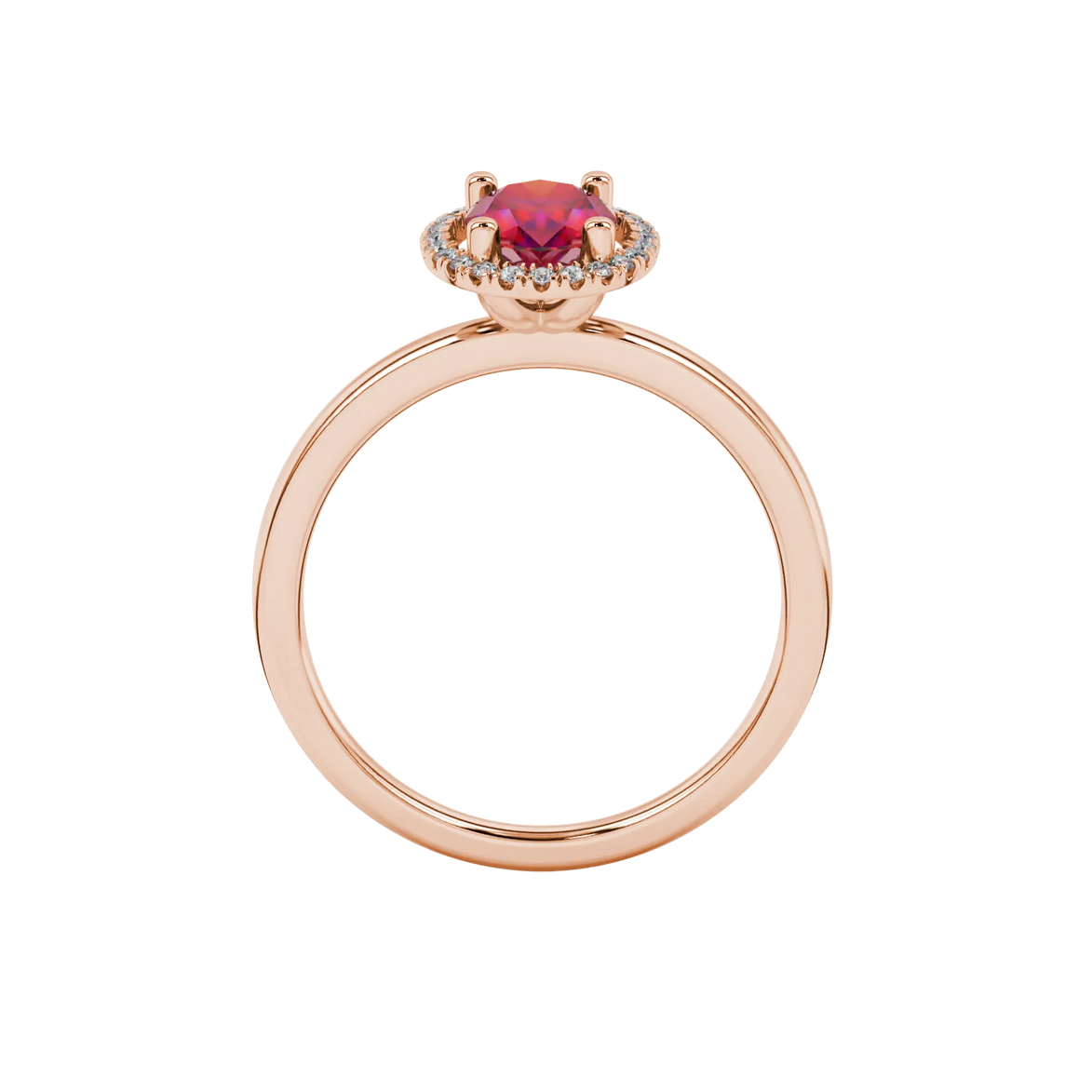 Oval cut raspberry red gemstone ring, rose gold french pavé halo setting.