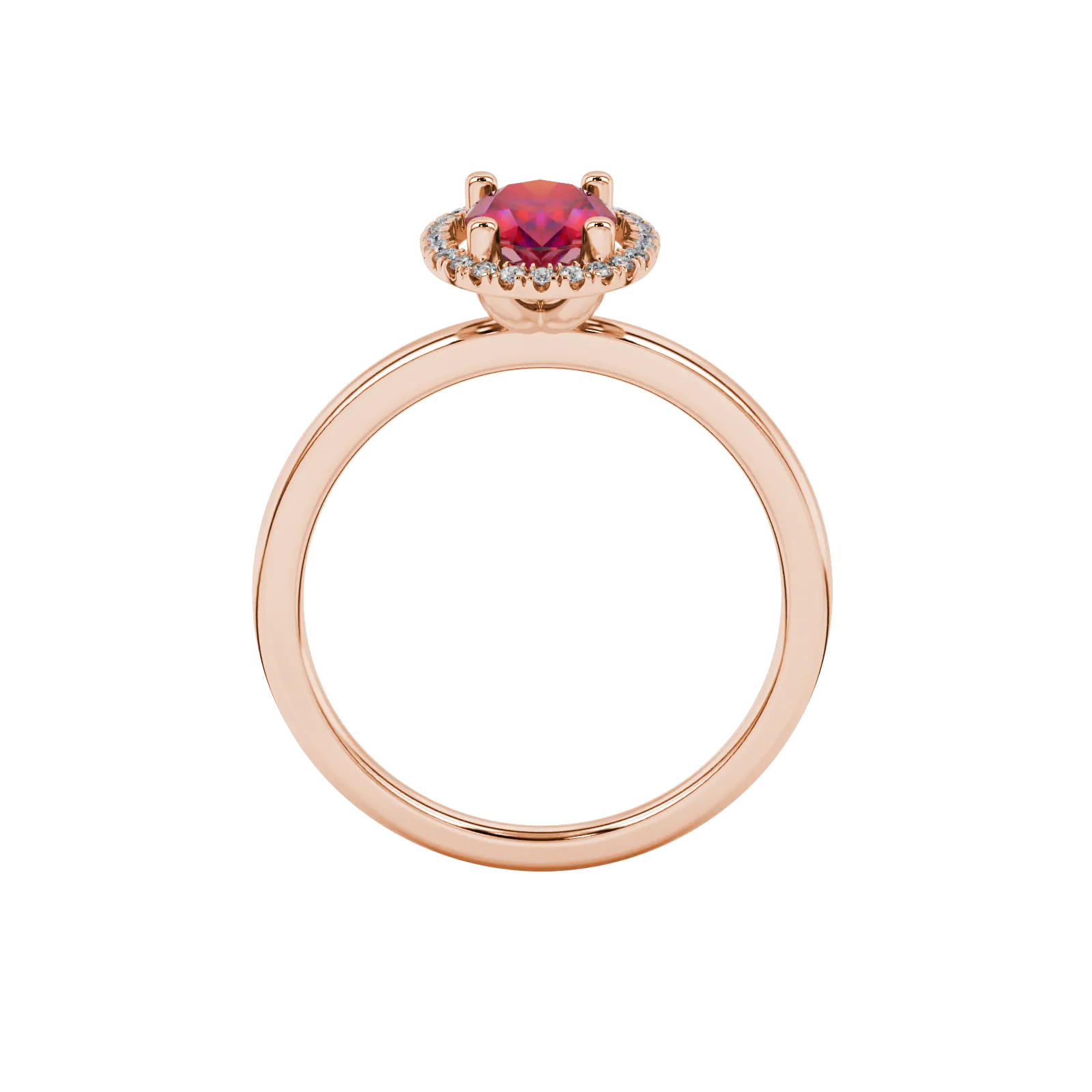 Oval cut raspberry red gemstone ring, rose gold french pavé halo setting.