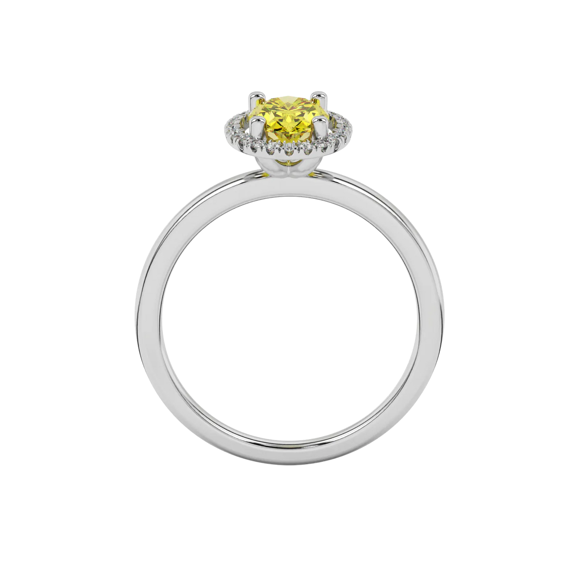 Oval cut canary yellow gemstone ring, white gold french pavé halo setting.