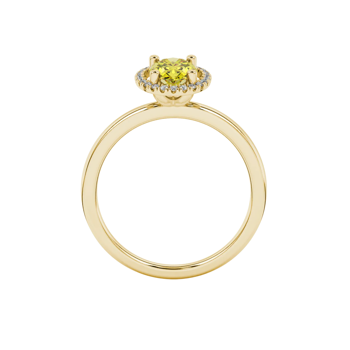 Oval cut canary yellow gemstone ring, yellow gold french pavé halo setting.