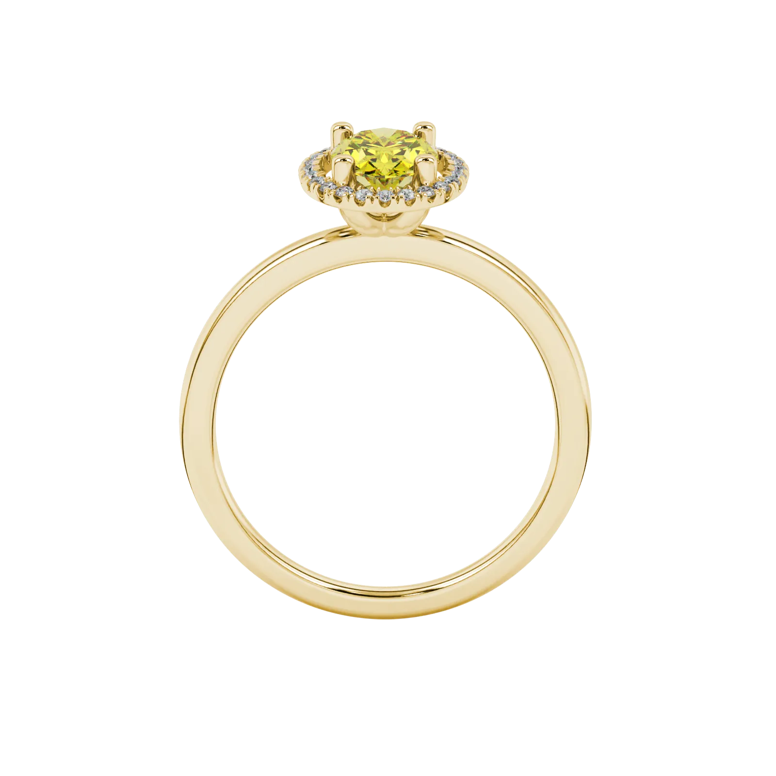 Oval cut canary yellow gemstone ring, yellow gold french pavé halo setting.