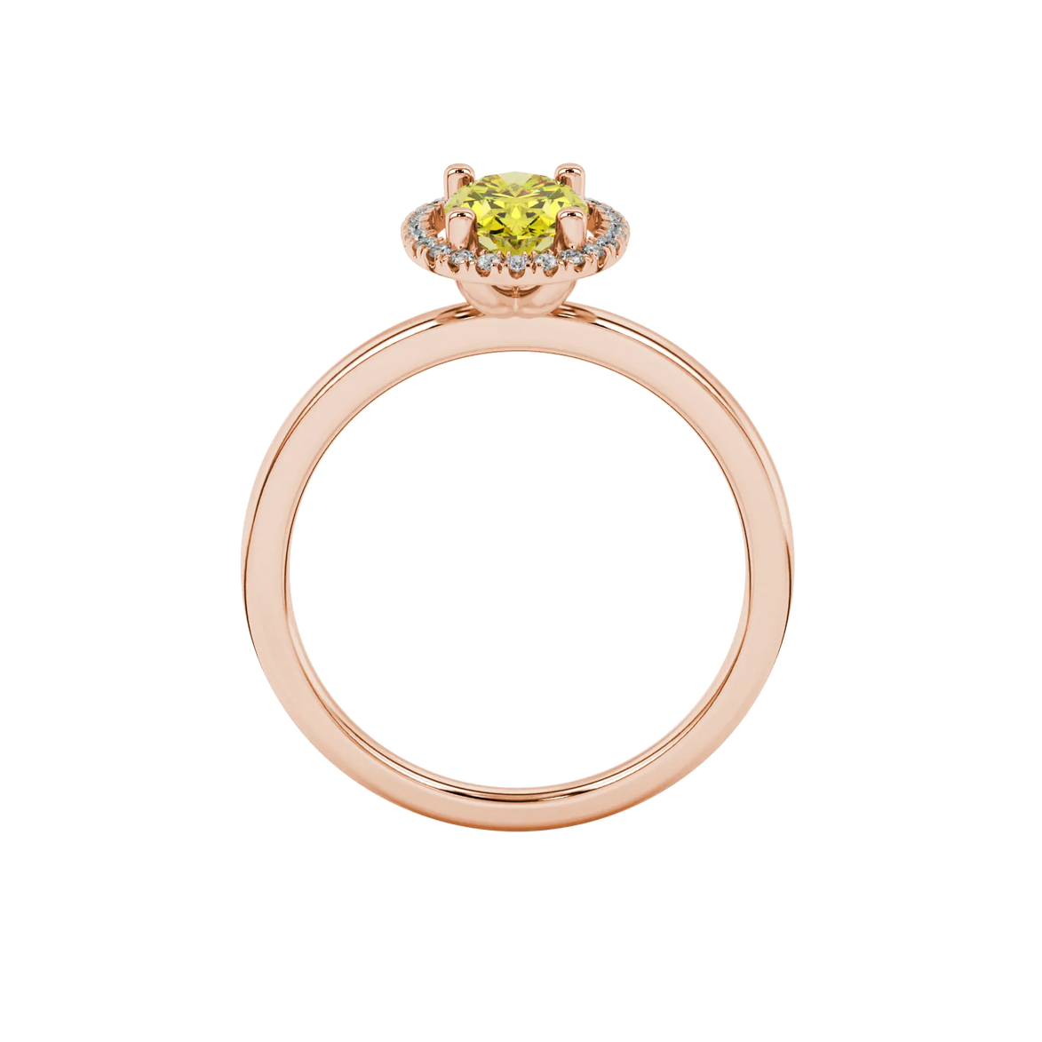 Oval cut canary yellow gemstone ring, rose gold french pavé halo setting.