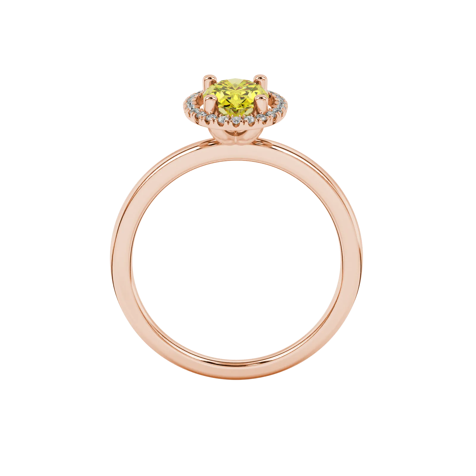 Oval cut canary yellow gemstone ring, rose gold french pavé halo setting.