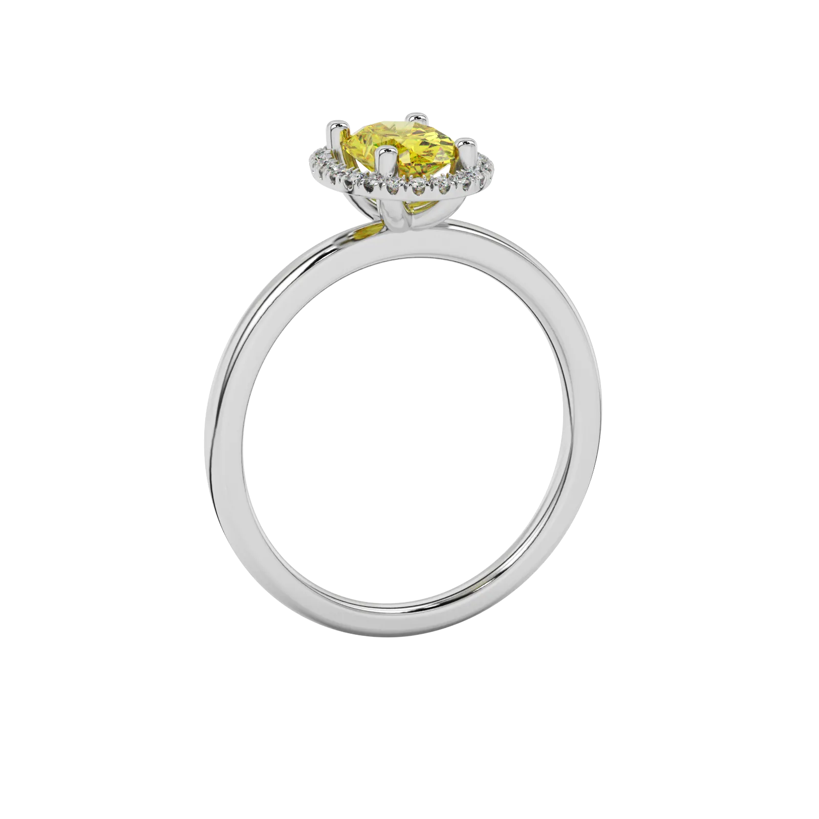 Side profile, white gold canary yellow ring, french pavé halo gallery.
