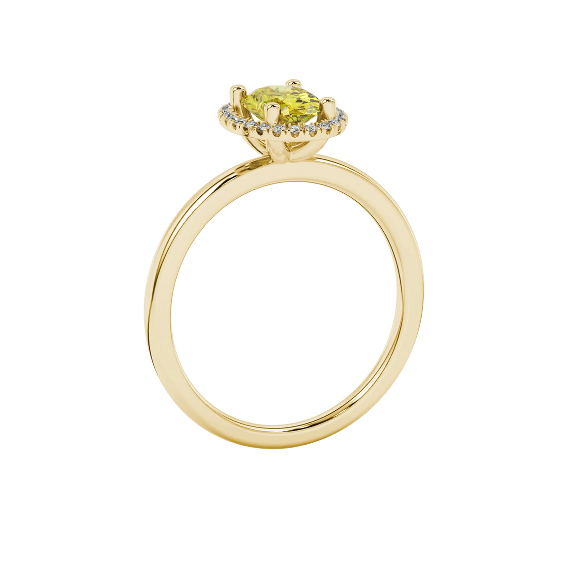 Side profile, yellow gold canary yellow ring, french pavé halo gallery.