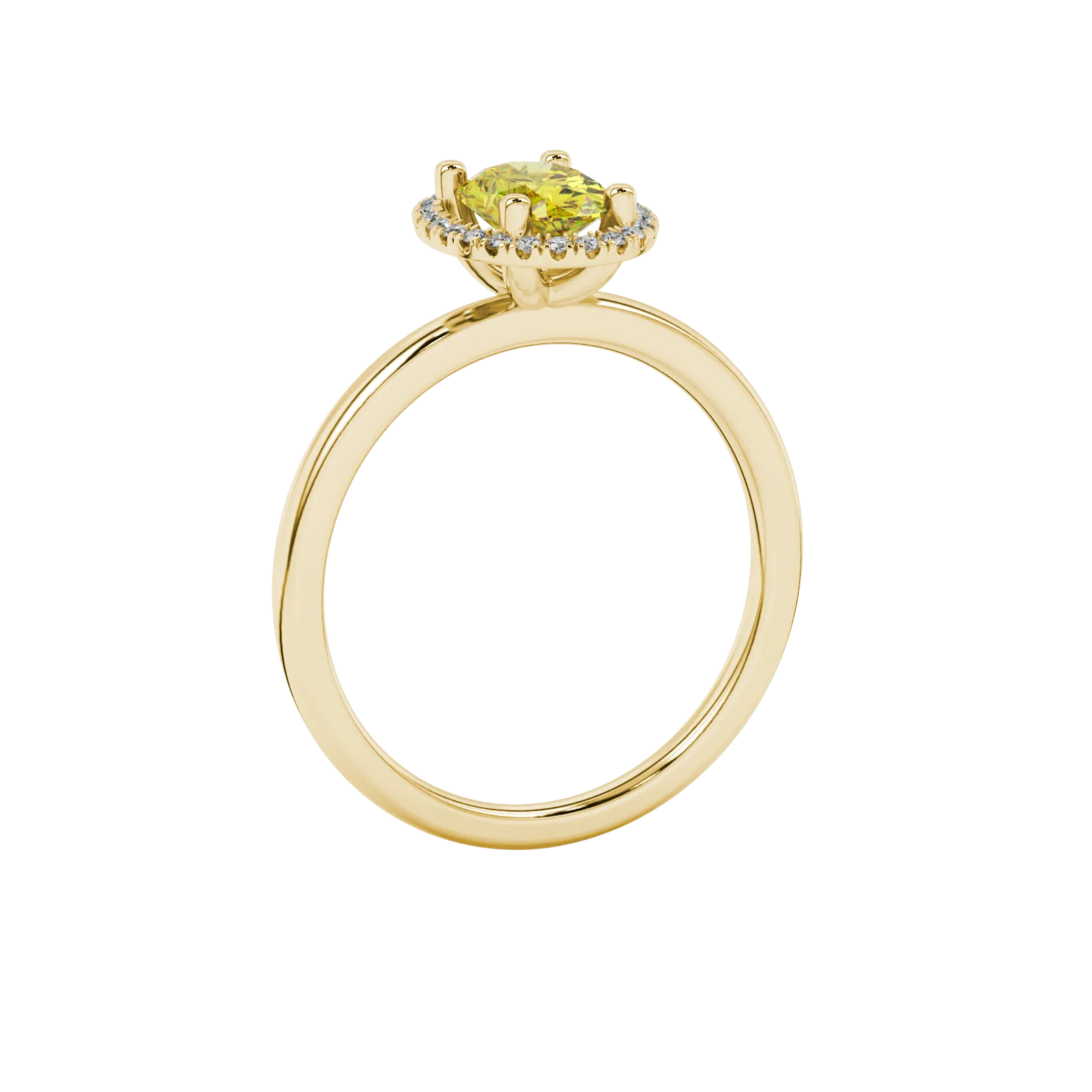 Side profile, yellow gold canary yellow ring, french pavé halo gallery.