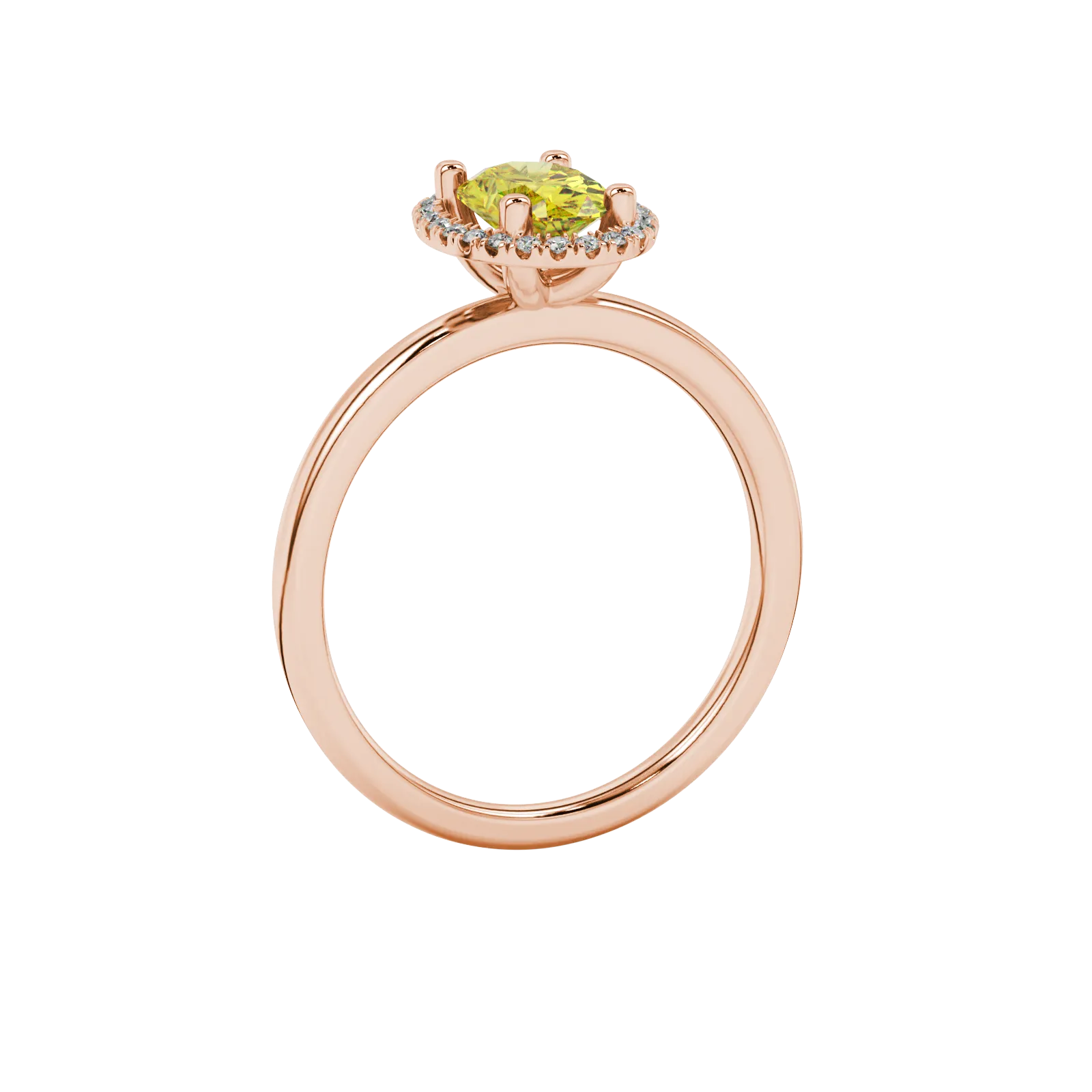 Side profile, rose gold canary yellow ring, french pavé halo gallery.