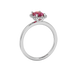 Side profile, white gold raspberry red ring, french pavé halo gallery.