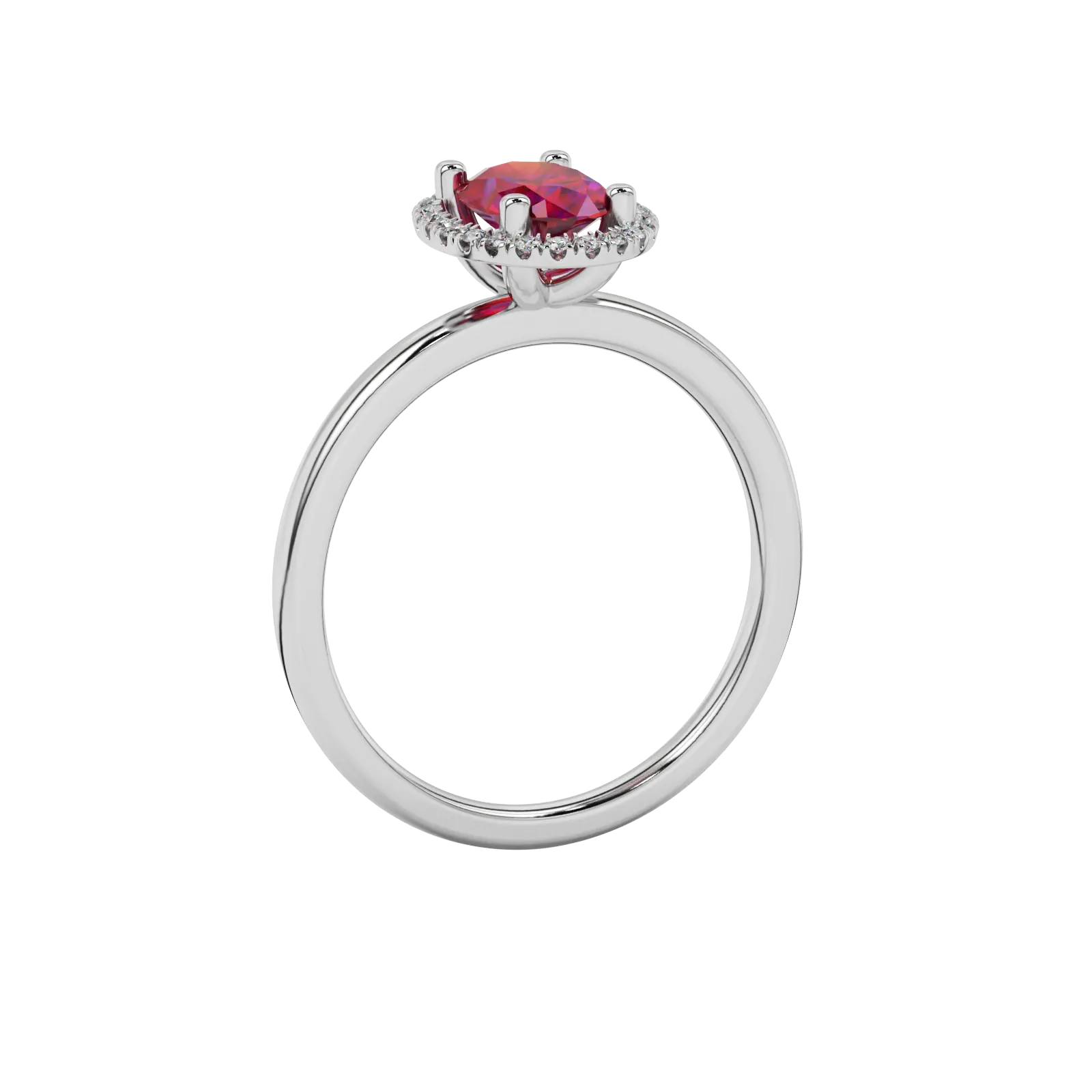 Side profile, white gold raspberry red ring, french pavé halo gallery.