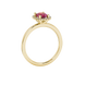 Side profile, yellow gold raspberry red ring, french pavé halo gallery.