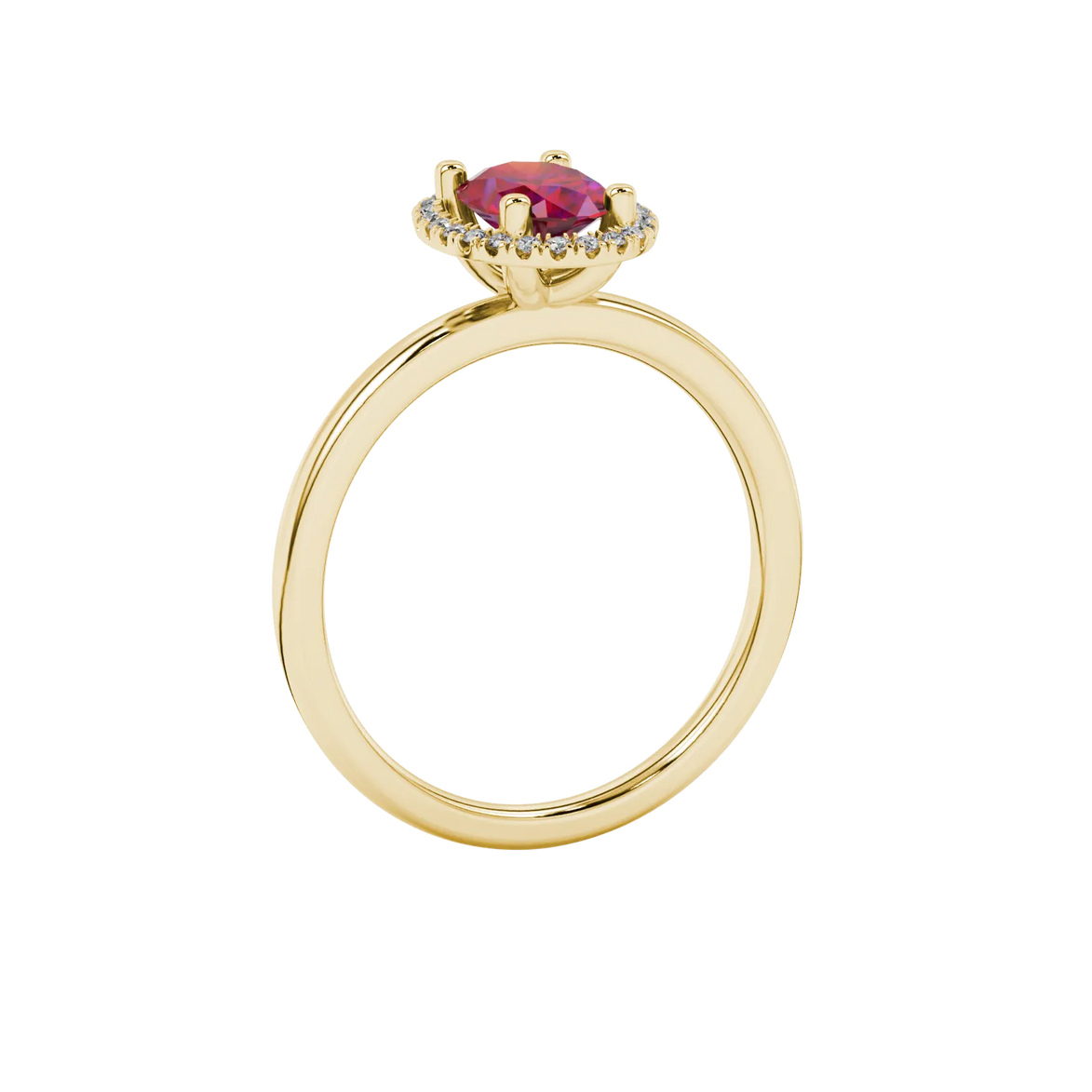 Side profile, yellow gold raspberry red ring, french pavé halo gallery.