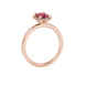 Side profile, rose gold raspberry red ring, french pavé halo gallery.