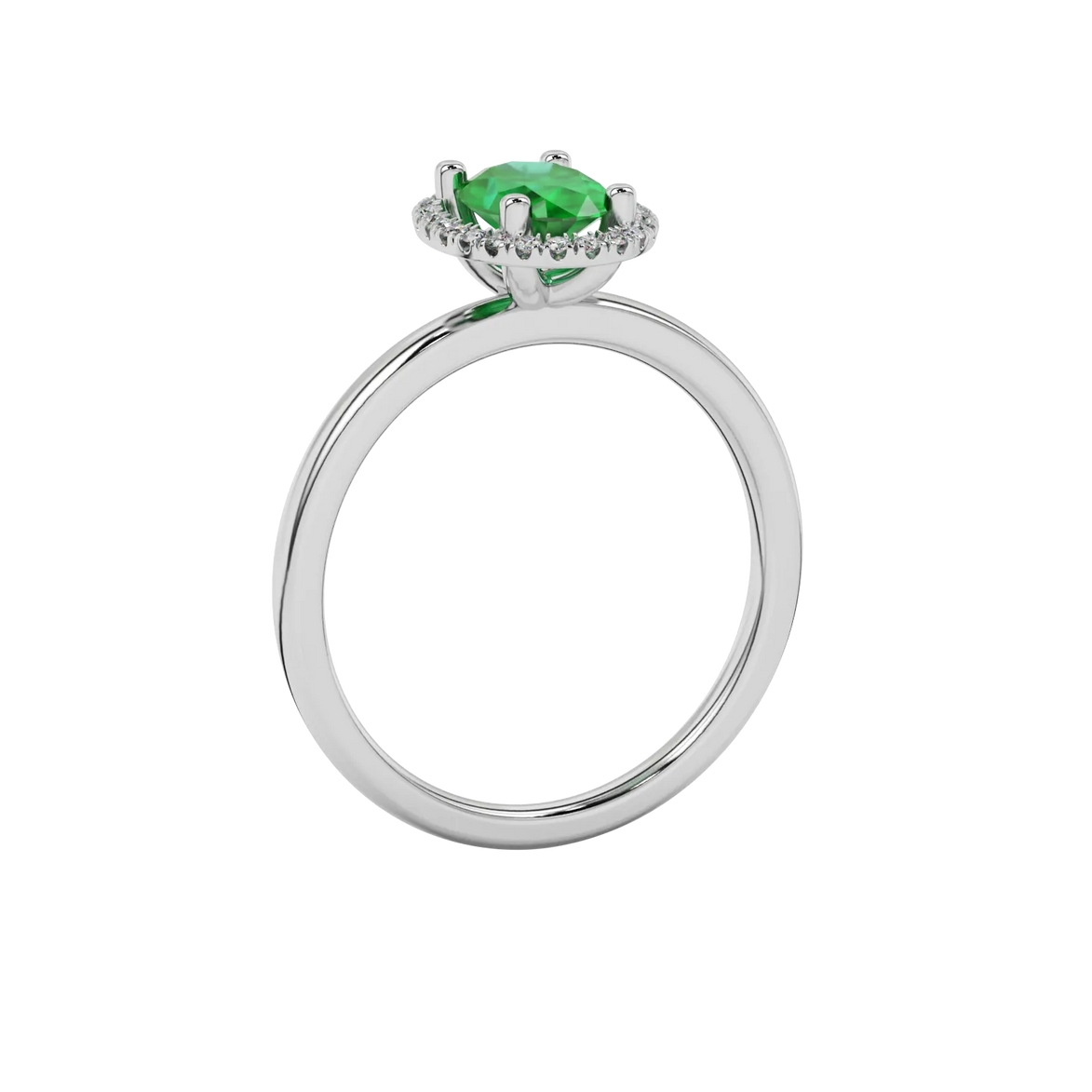 Side profile, white gold emerald green ring, french pavé halo gallery.