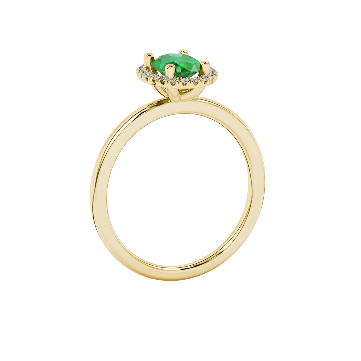 Side profile, yellow gold emerald green ring, french pavé halo gallery.