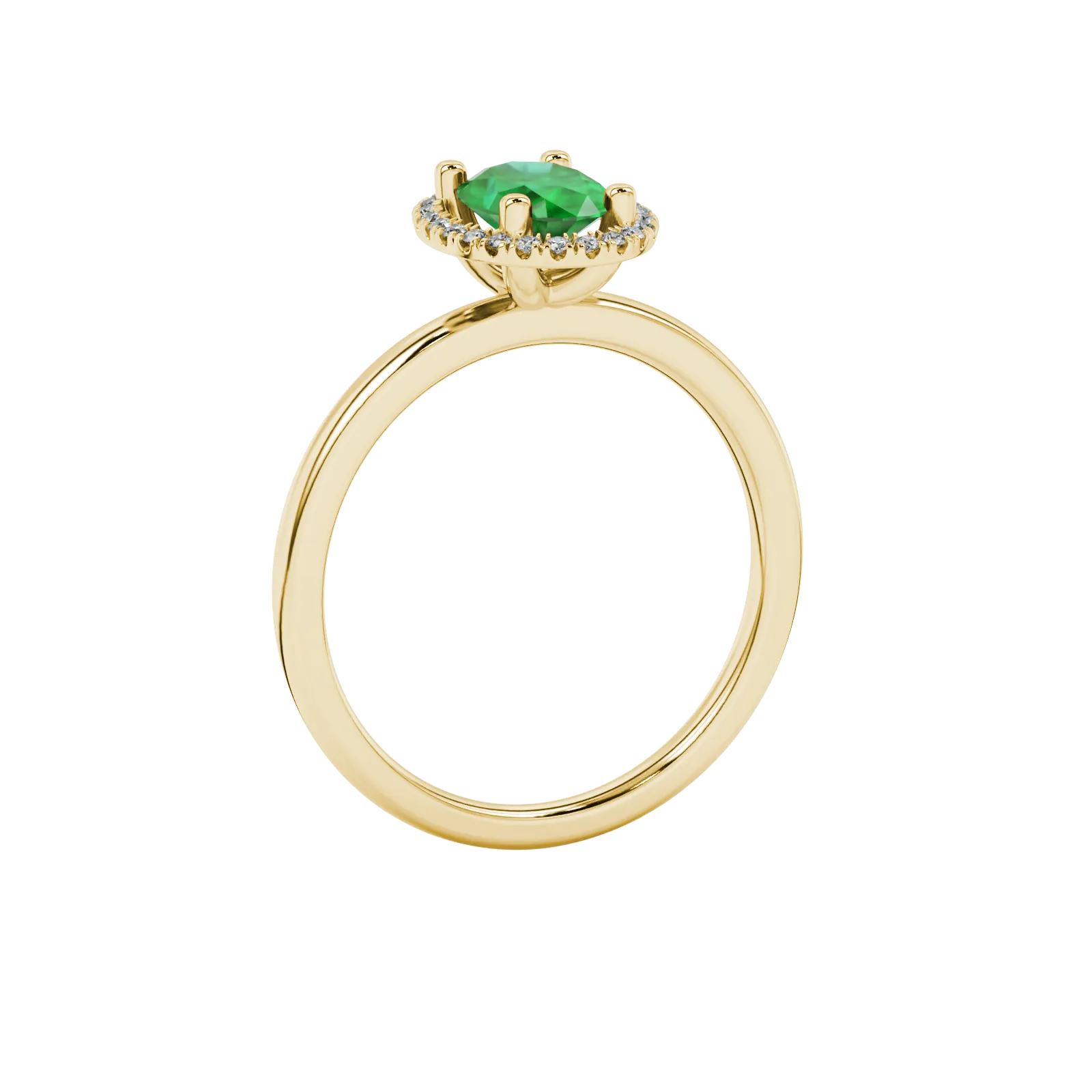 Side profile, yellow gold emerald green ring, french pavé halo gallery.