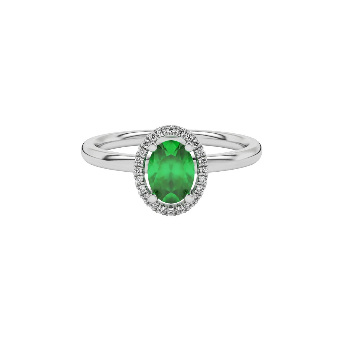 Close-up emerald green gemstone ring, white gold french pavé halo