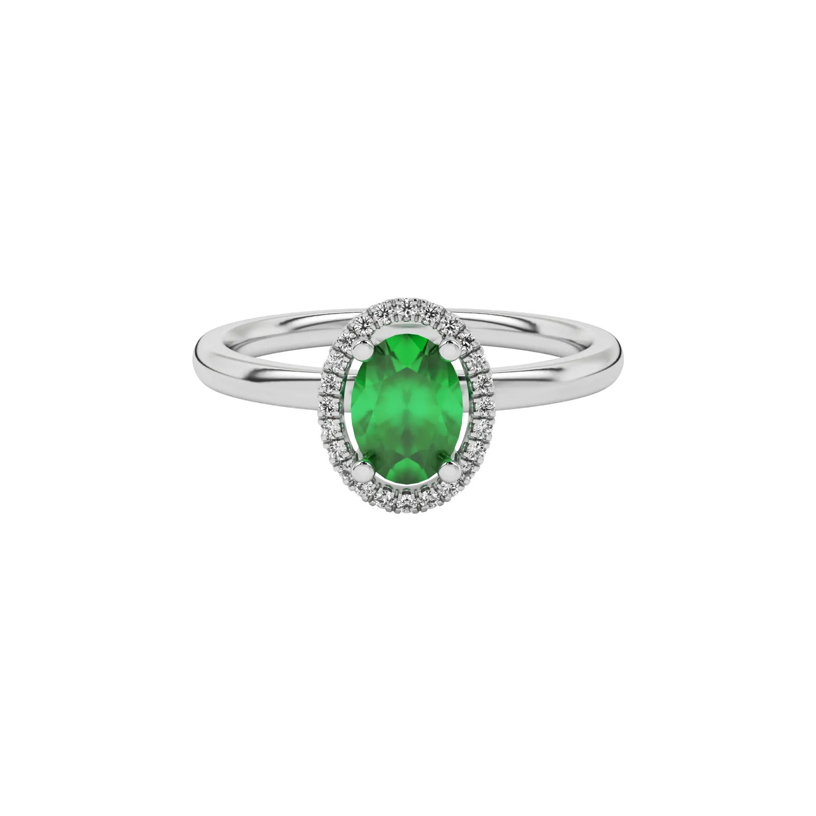 Close-up emerald green gemstone ring, white gold french pavé halo