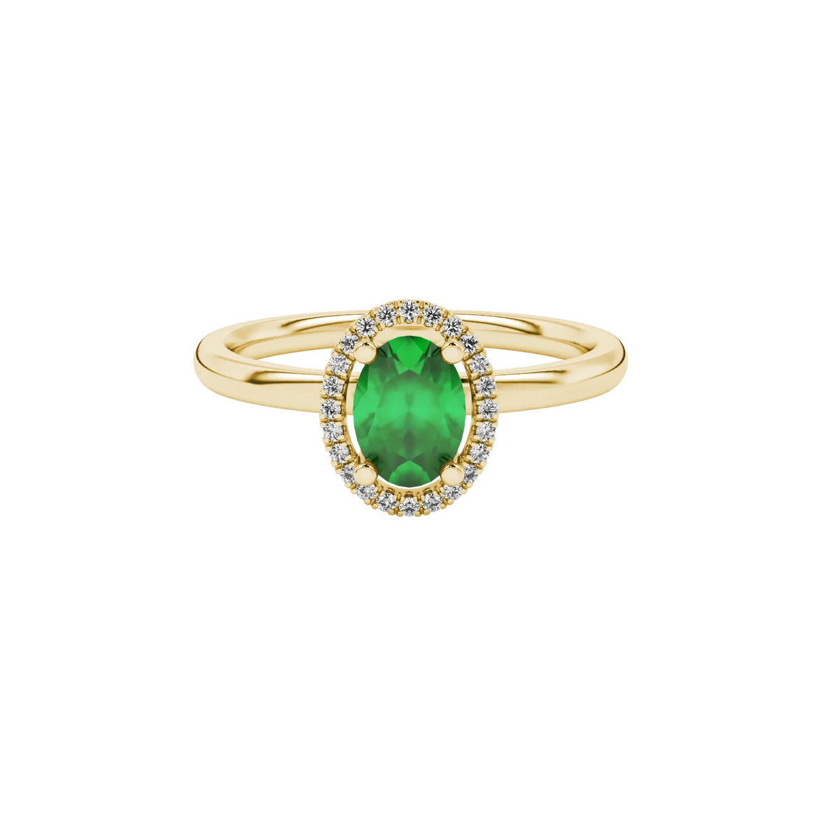Close-up, oval cut emerald green gemstone, yellow gold french pavé halo ring.