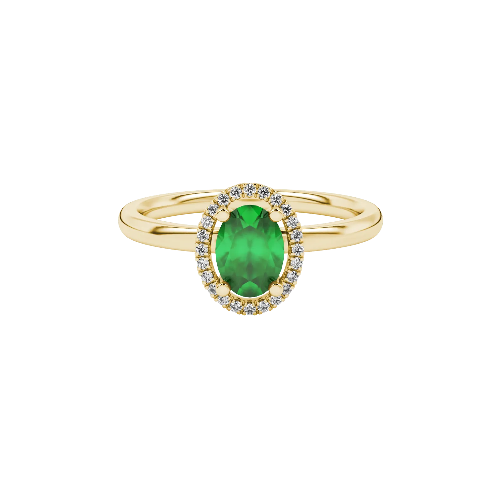 Close-up, oval cut emerald green gemstone, yellow gold french pavé halo ring.