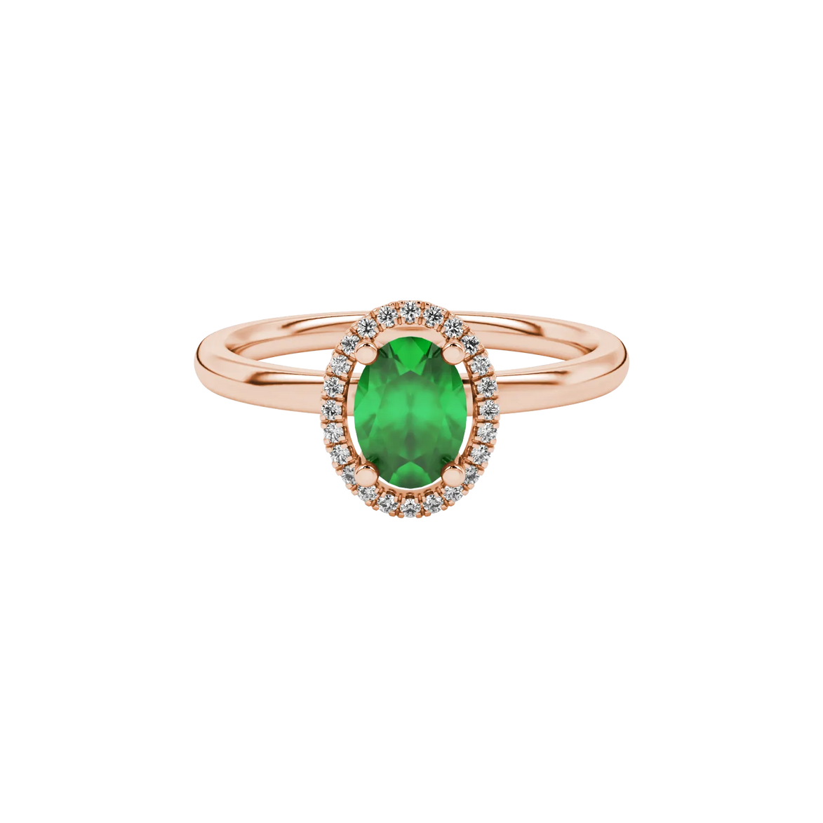 Close-up, oval cut emerald green gemstone ring, rose gold french pavé halo.