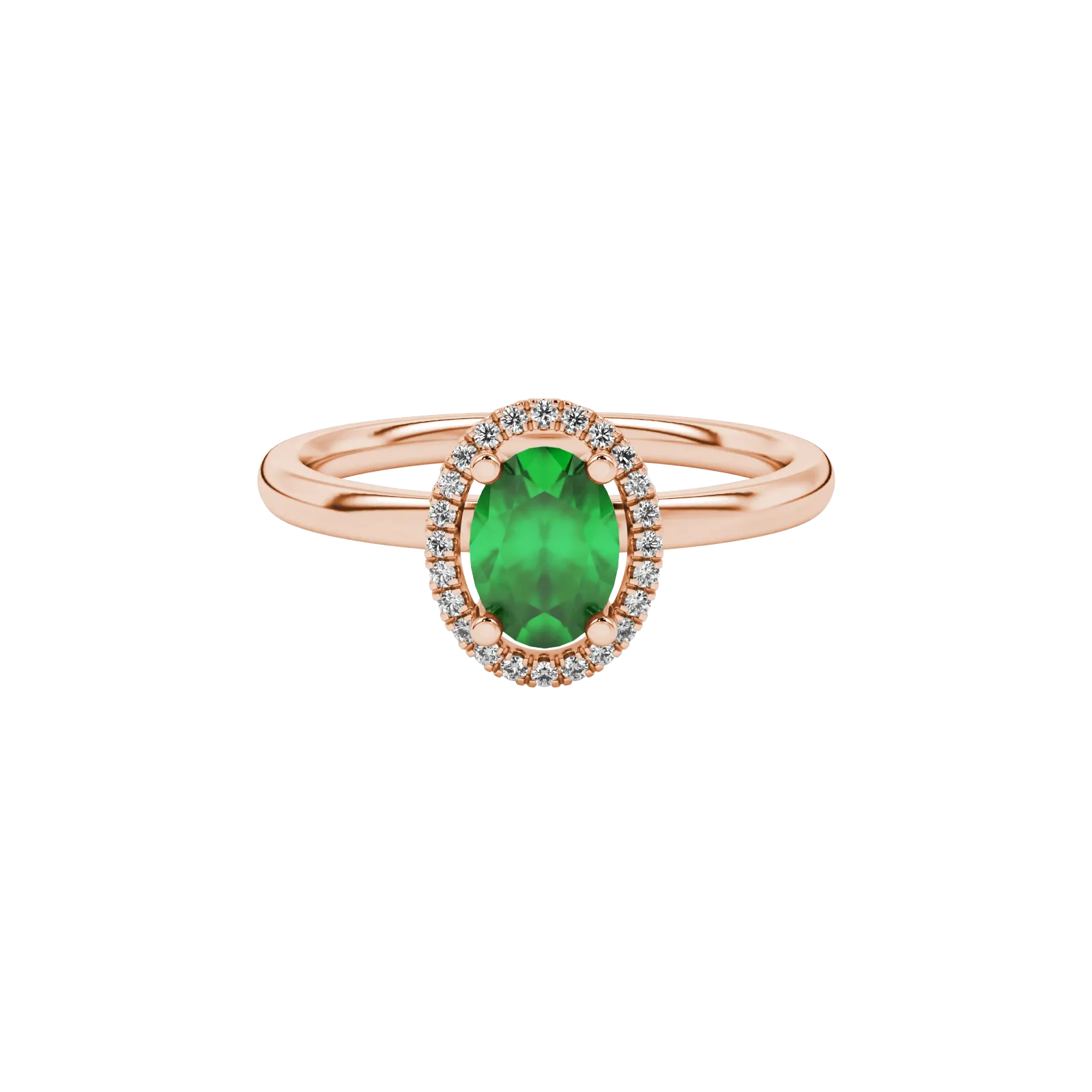 Close-up, oval cut emerald green gemstone ring, rose gold french pavé halo.