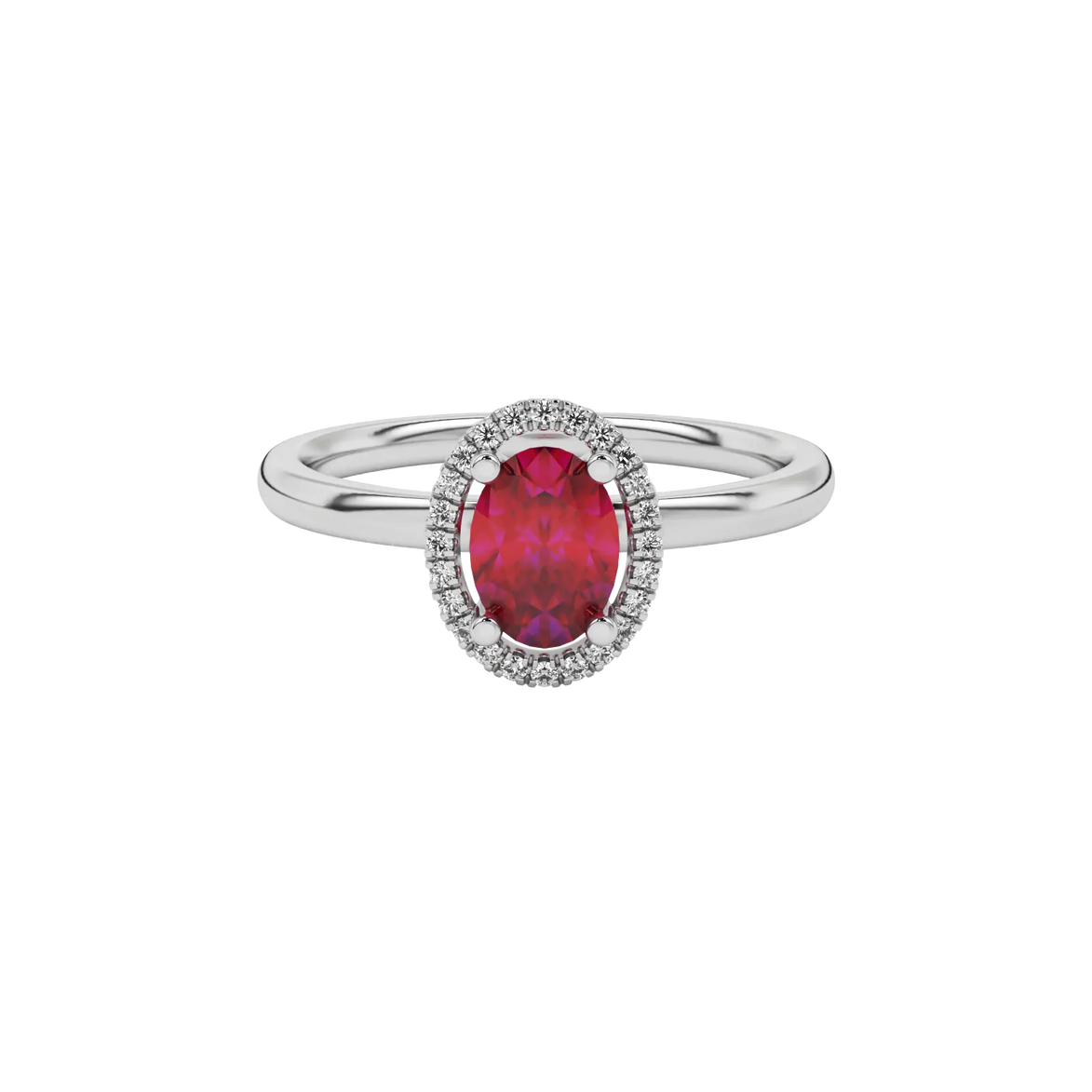 Close-up raspberry red gemstone ring, white gold french pavé halo.
