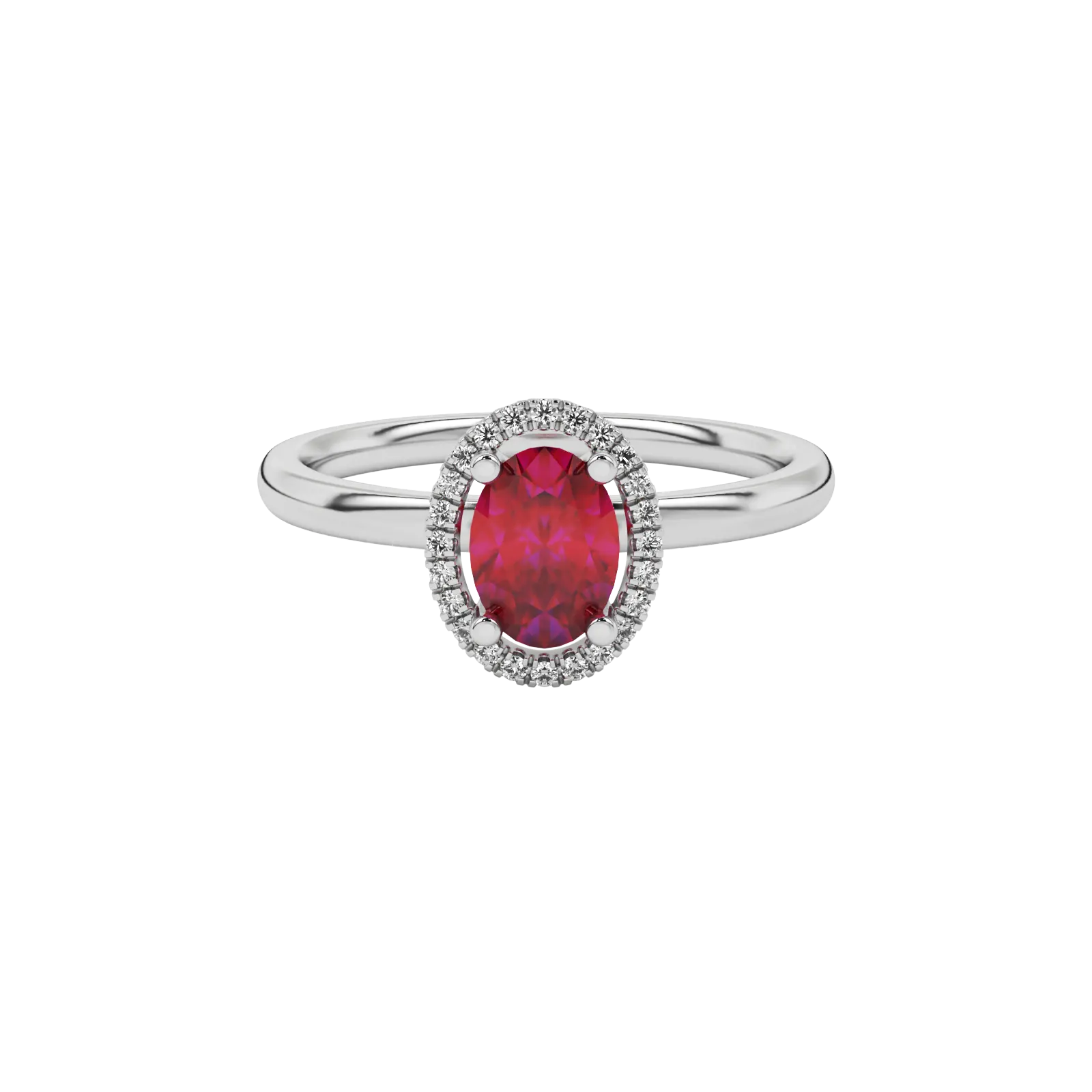 Close-up raspberry red gemstone ring, white gold french pavé halo.