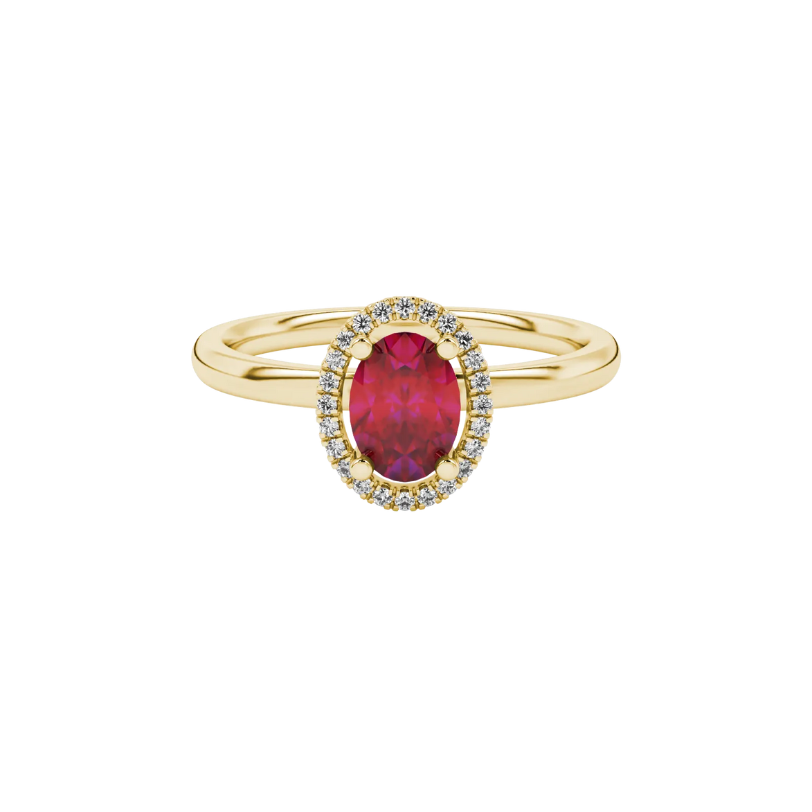 Close-up, oval cut raspberry red gemstone, yellow gold french pavé halo ring.
