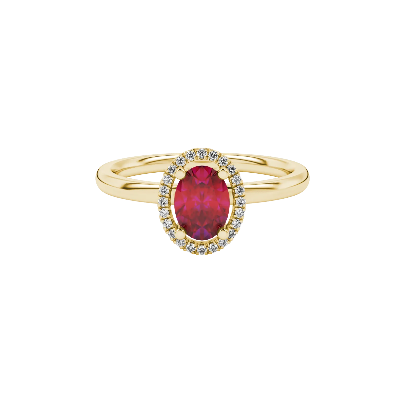 Close-up, oval cut raspberry red gemstone, yellow gold french pavé halo ring.