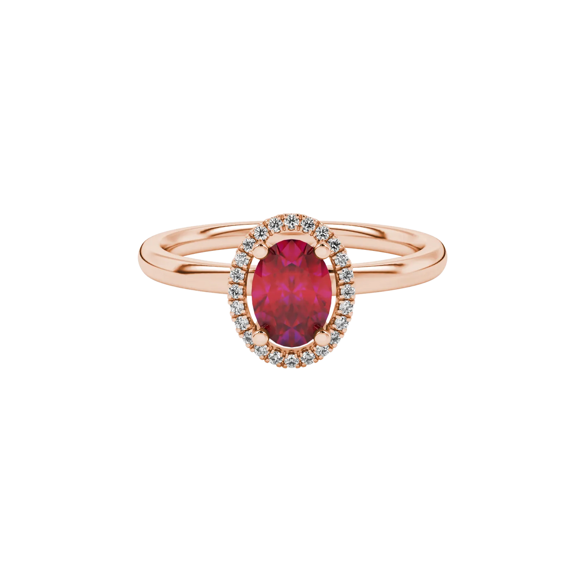 Close-up, oval cut raspberry red gemstone ring, rose gold french pavé halo