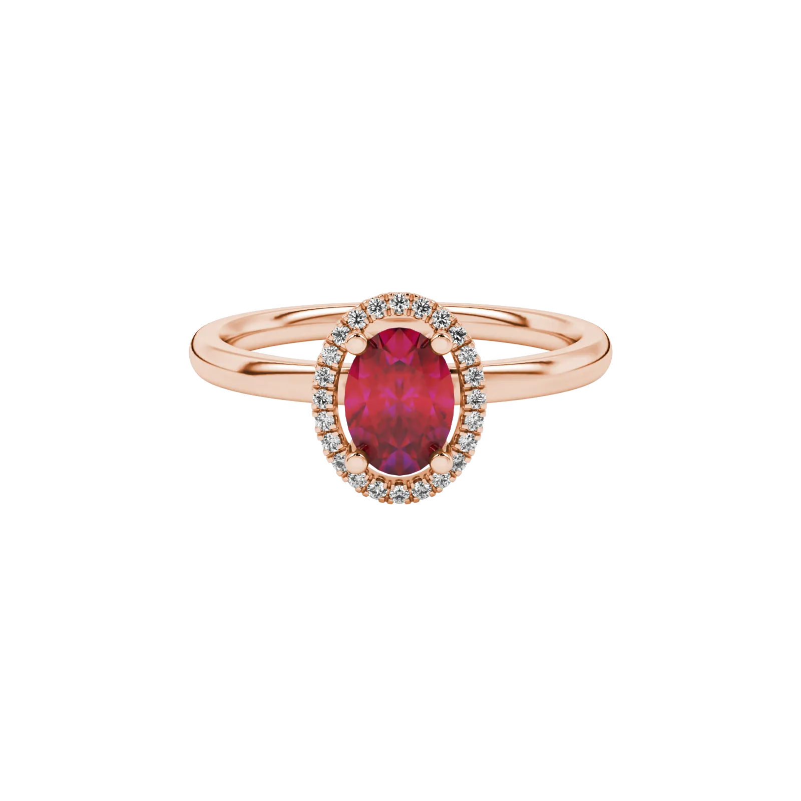 Close-up, oval cut raspberry red gemstone ring, rose gold french pavé halo