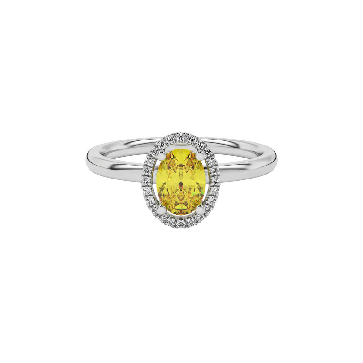 Close-up canary yellow gemstone ring, white gold french pavé halo. 