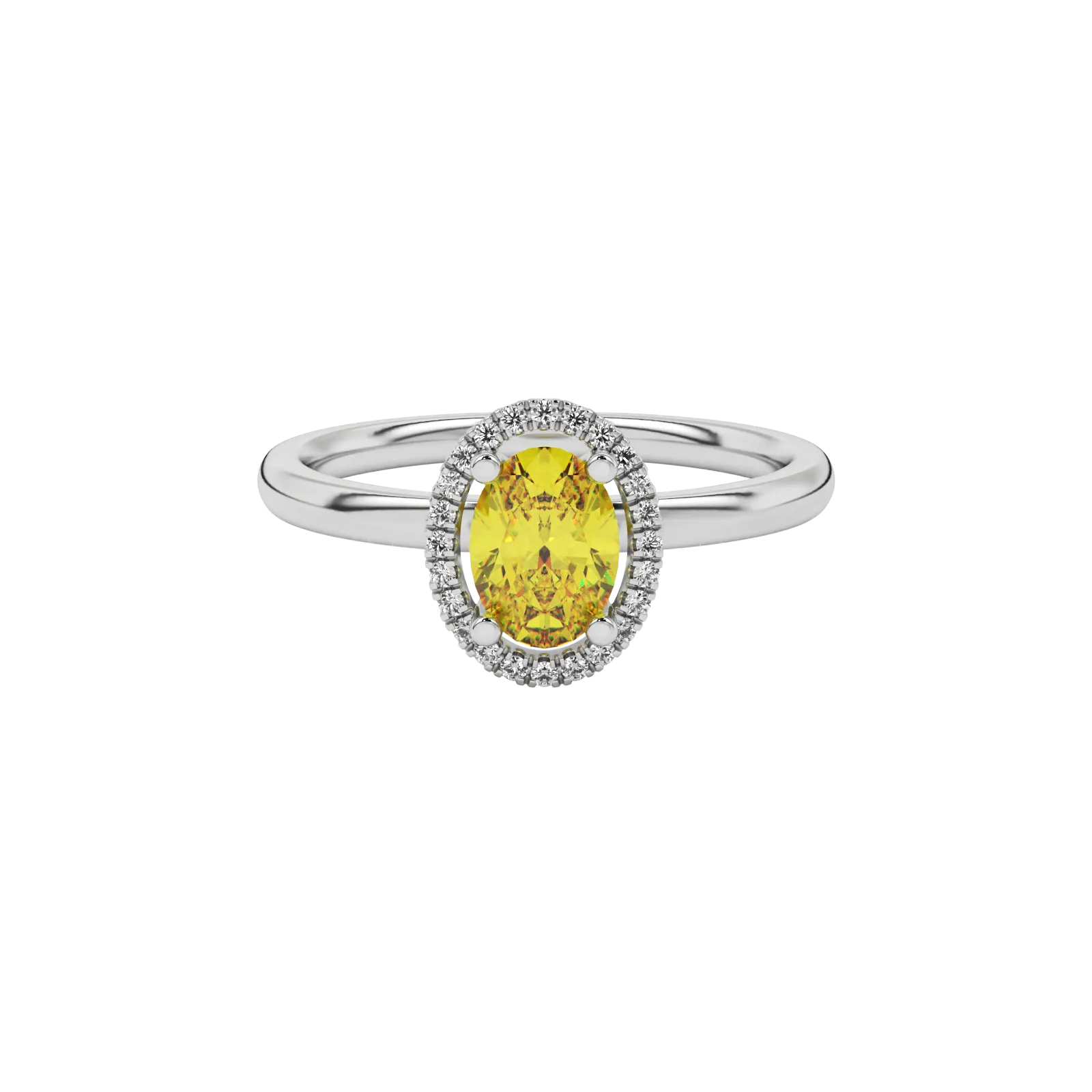 Close-up canary yellow gemstone ring, white gold french pavé halo. 