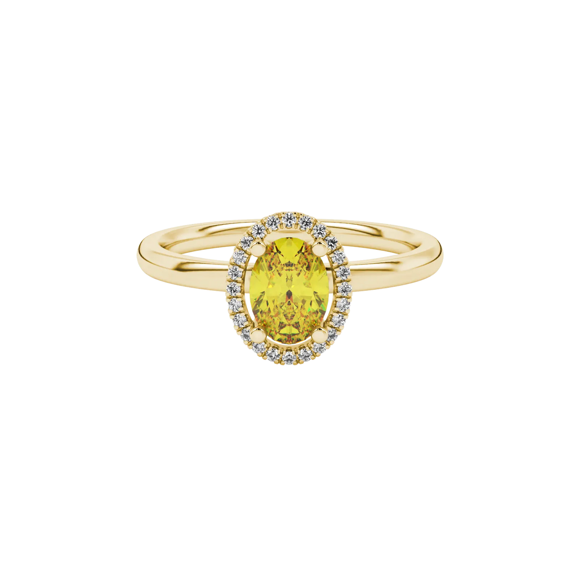 Close-up, oval cut canary yellow gemstone, yellow gold french pavé halo ring