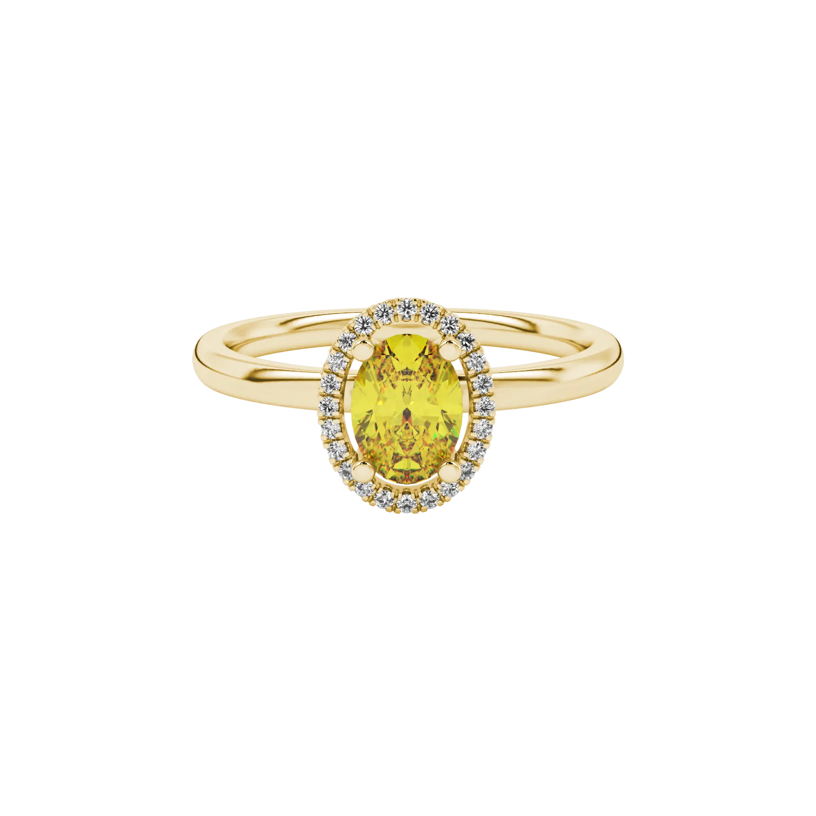 Close-up, oval cut canary yellow gemstone, yellow gold french pavé halo ring