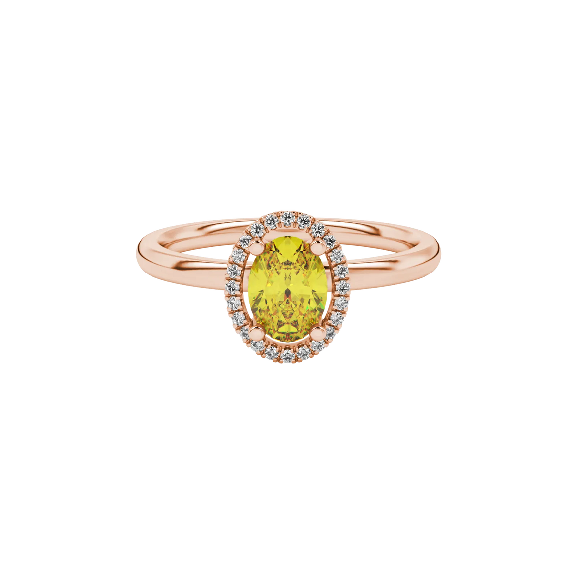 Close-up, oval cut canary yellow gemstone ring, rose gold french pavé halo.