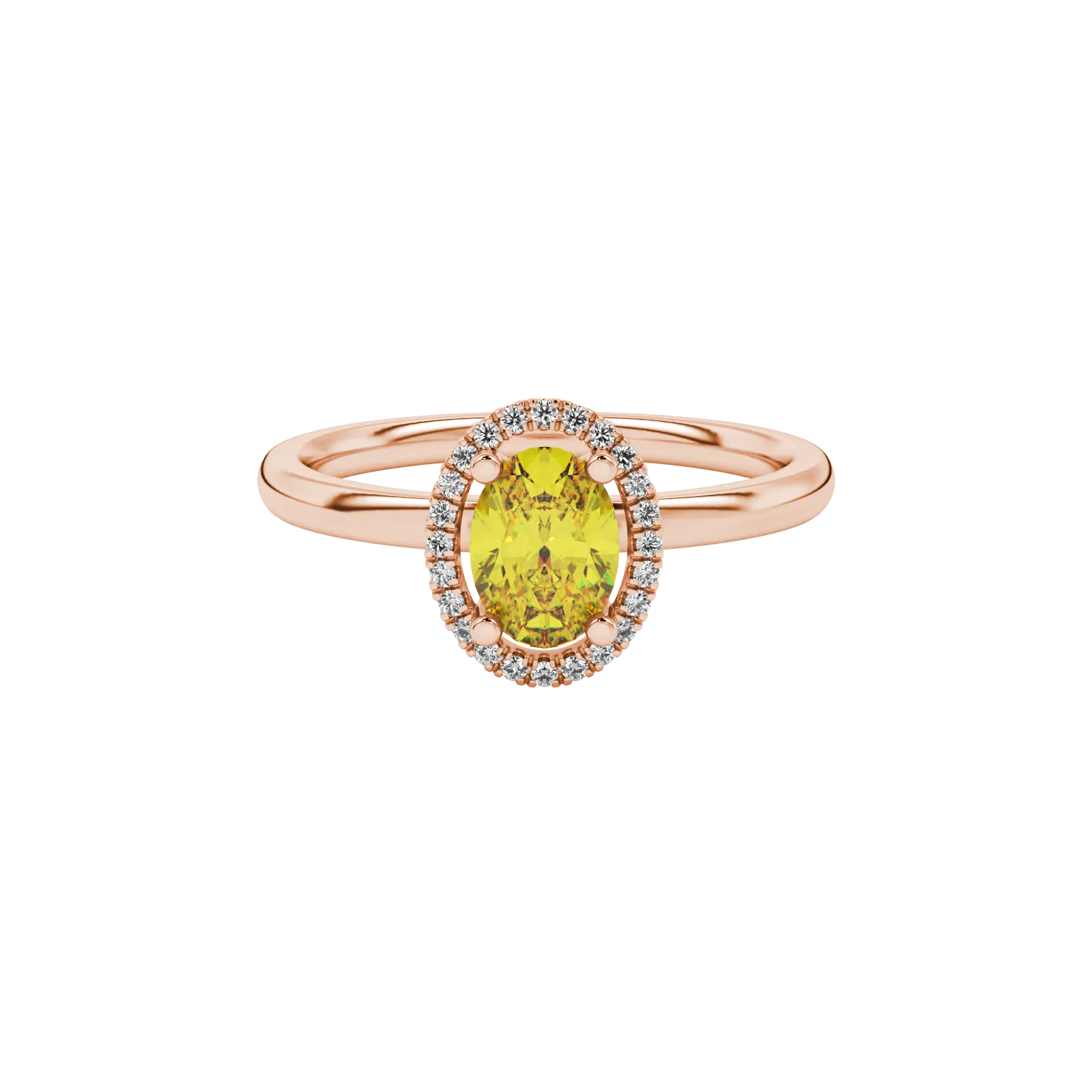 Close-up, oval cut canary yellow gemstone ring, rose gold french pavé halo.