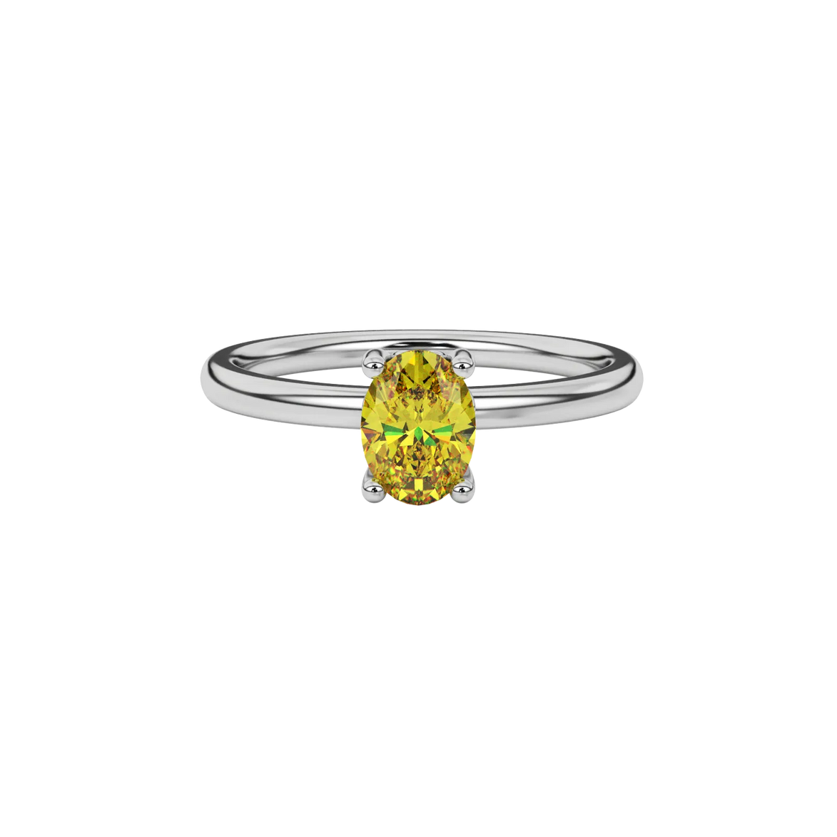 Close-up oval cut canary yellow gemstone ring, white gold lotus basket.