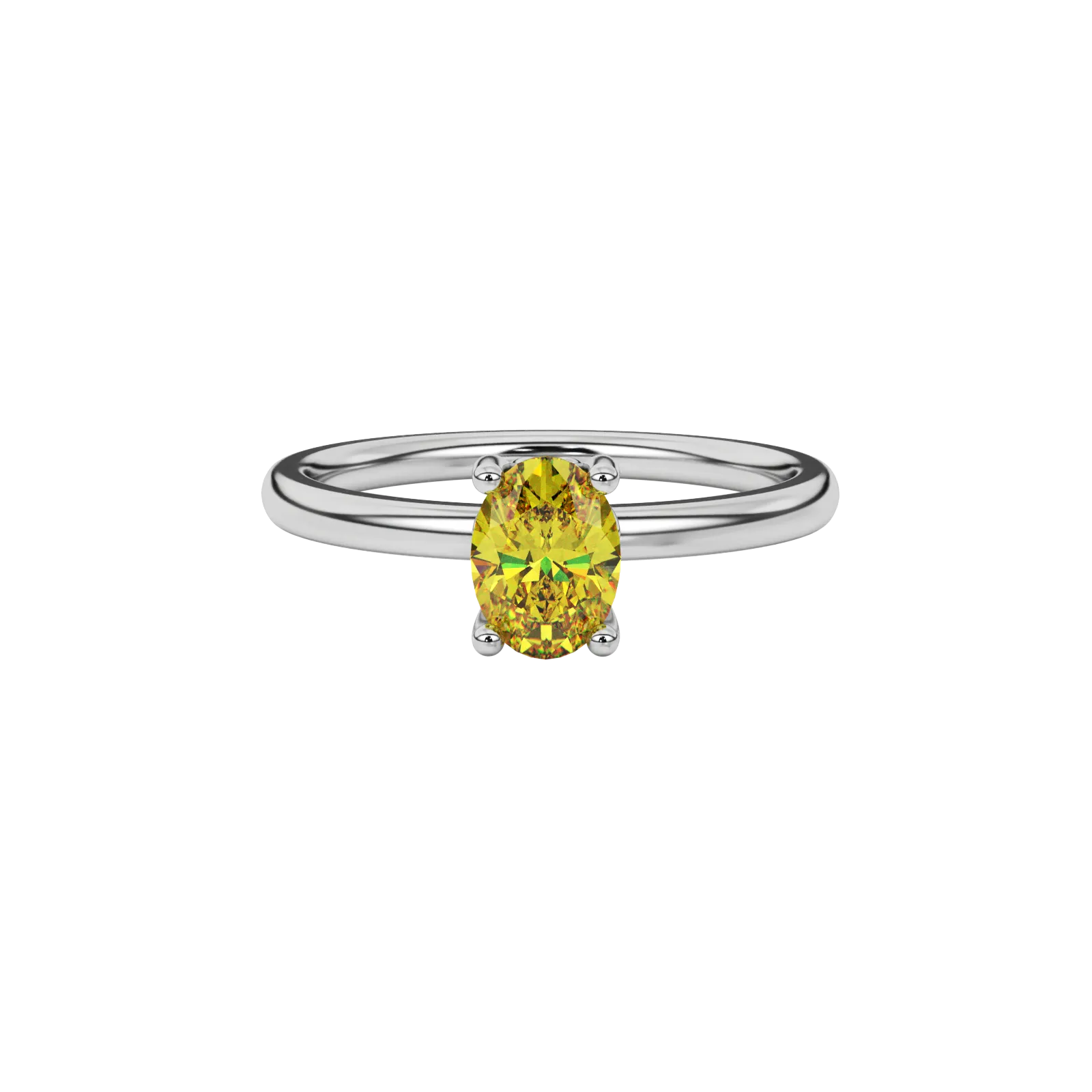 Close-up oval cut canary yellow gemstone ring, white gold lotus basket.